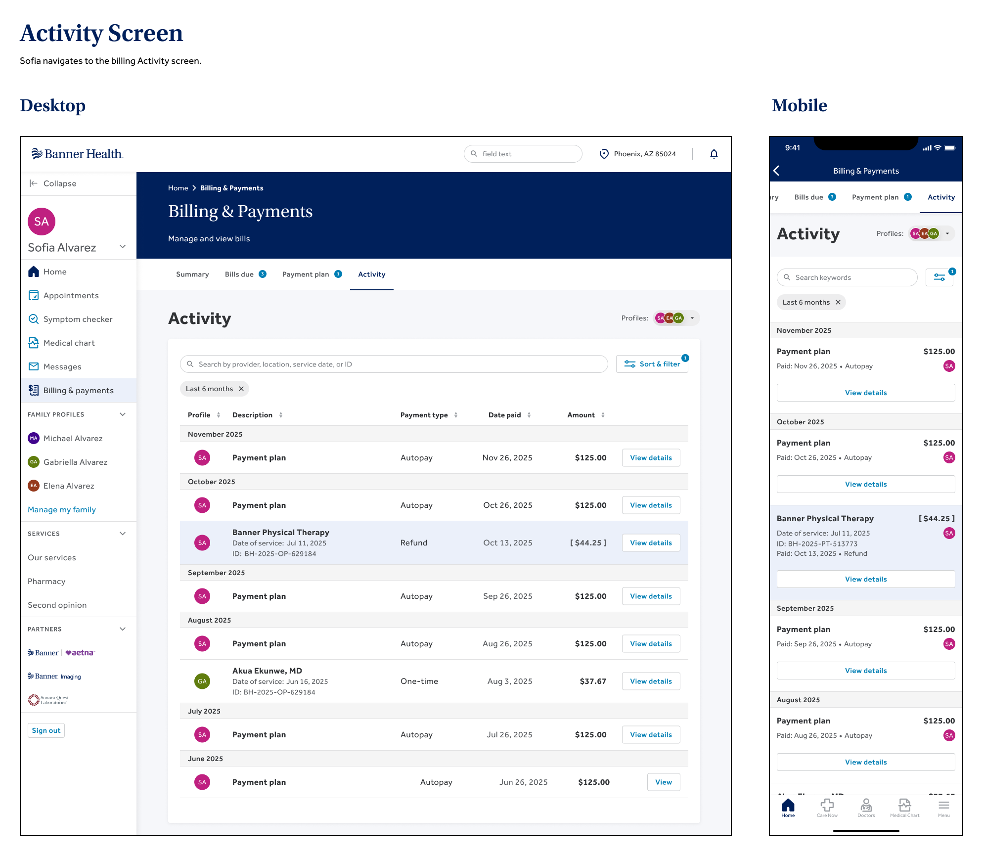Aspirational concept for activity screen showing payment and refund history