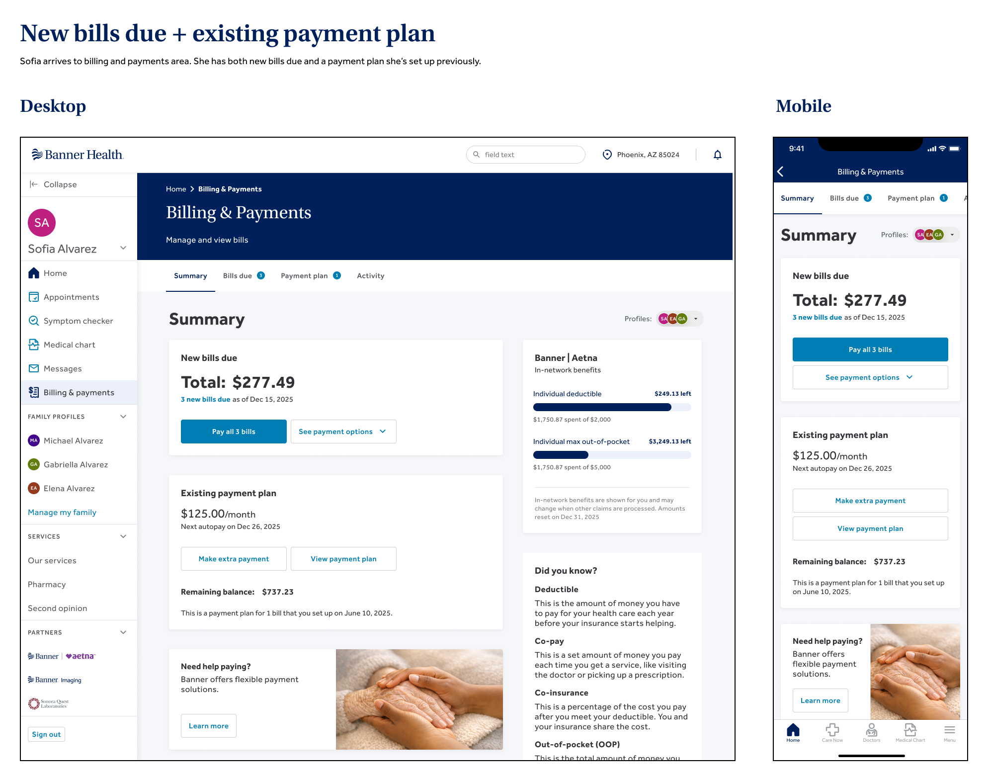 Aspirational concept for patient portal billing landing page