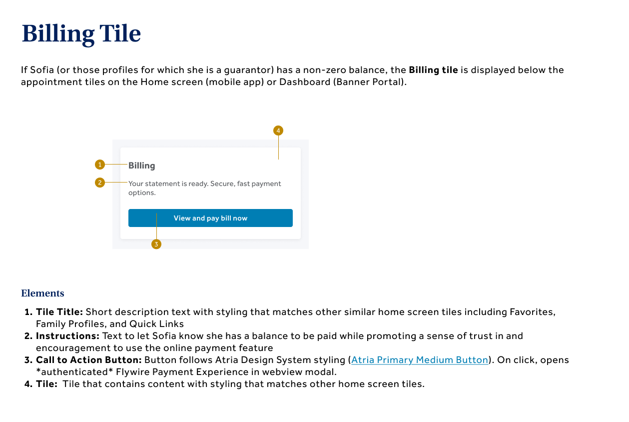 Annotated anatomy of the billing tile showing title, instructions, CTA button, and tile container