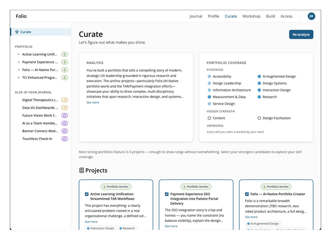 Folio Curator interface showing project scoring and tier badges