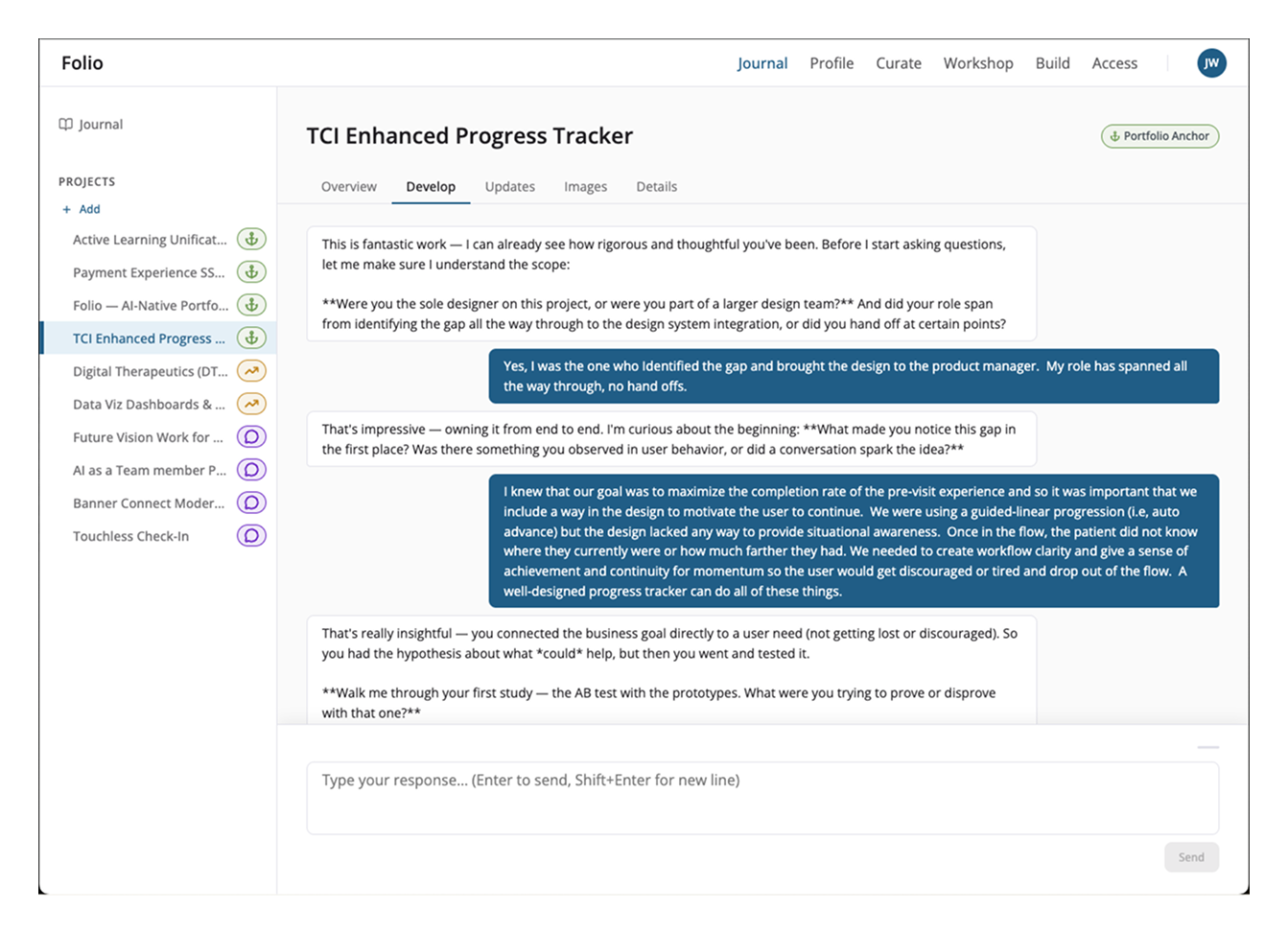 Folio Journal interface - project description development dialog