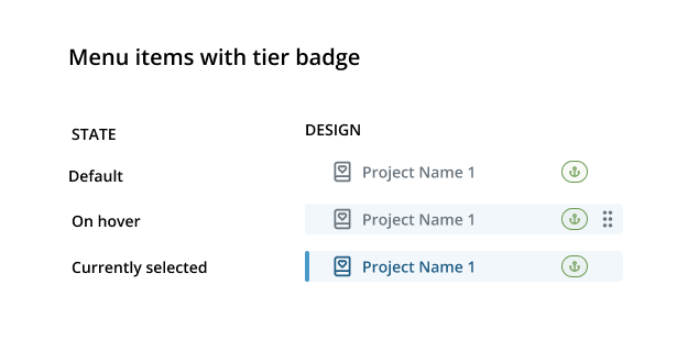 Menu item interaction state documentation — default, hover, selected