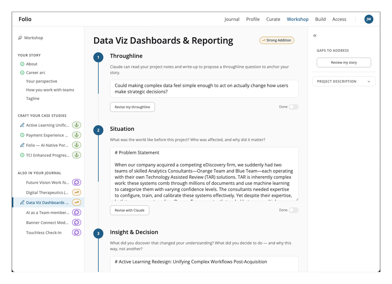 Folio Workshop interface — project case study screen