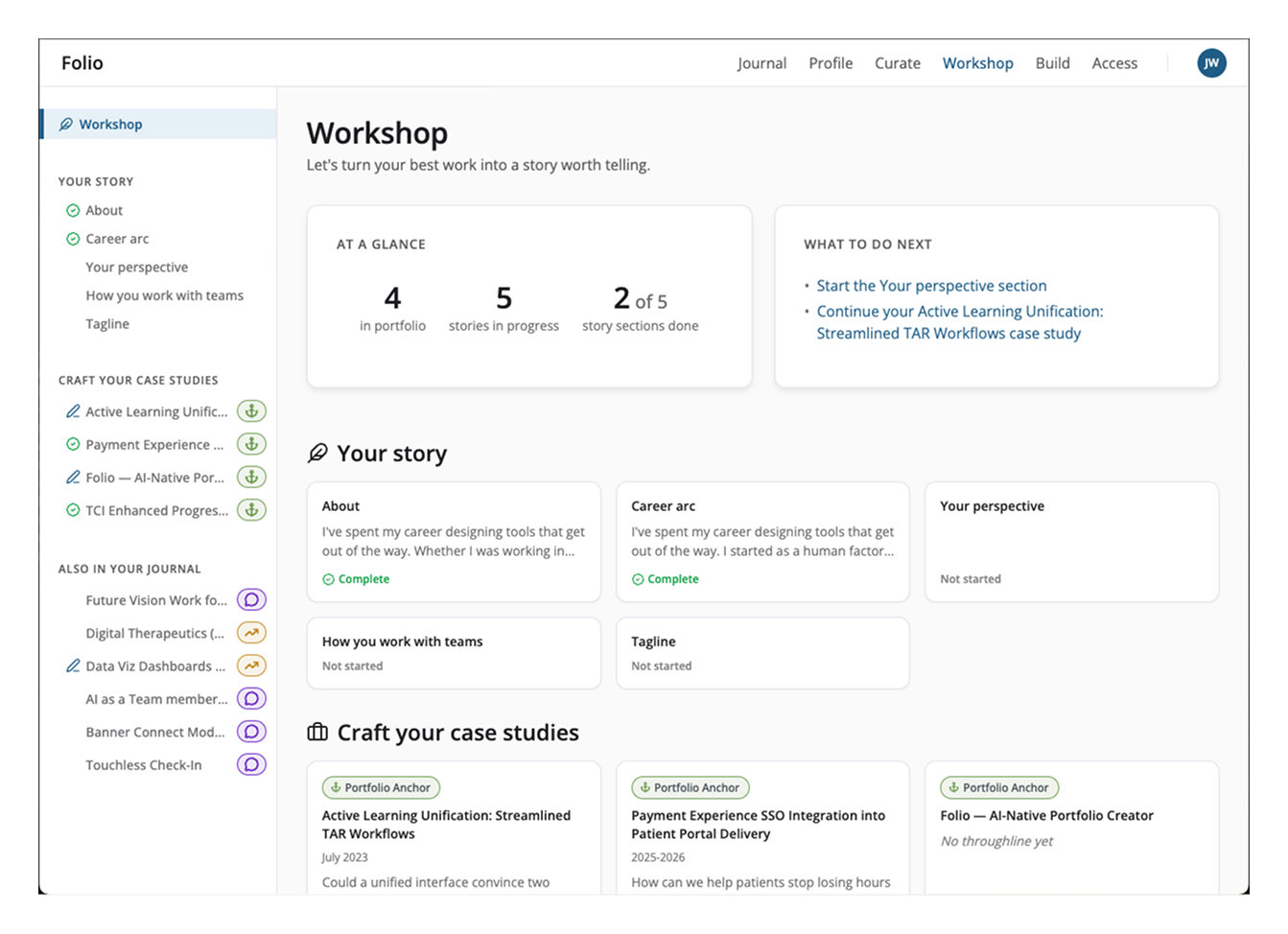 Folio Workshop interface — case study writing environment